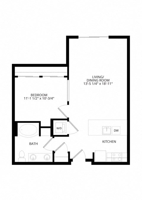 Floor plan for 1 bed, 1 bath, 711 sqft